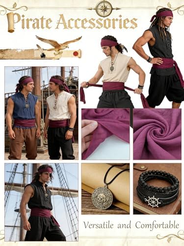 Verceco Mens Pirate Costume 8PCS Renaissance Sleeveless Shirt Ankle-Banded Pants Sash Belt & Accessories LARP Cosplay