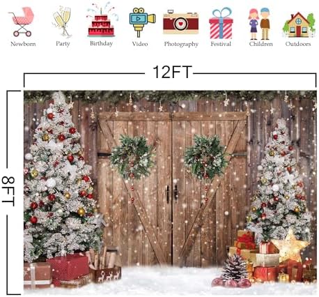 12x8FT Polyester Fabric Winter Christmas Rustic Barn Wood Door Photography Backdrop Xmas Tree Snow Background Banner for Family Holiday Party Decoration Supplies Photo Studio Props Pictures