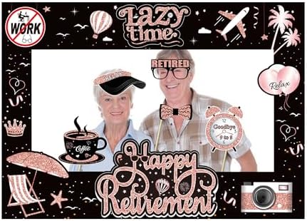 Retirement Party Photo Booth Props Kit - 37pcs Paper Photo Props 1 Frame Glitter Retirement Party Decorations for Retiree Celebration, Farewell Office Party Supplies (Rose Golden and Black)