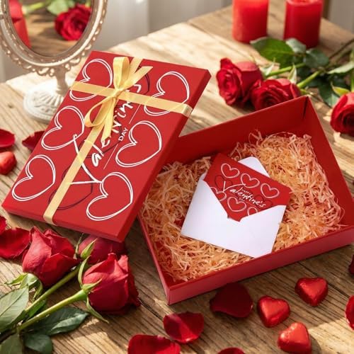 Ctosree 13.5 x 10 x 4 Inch Large Happy Valentine's Gift Box with Lid for Presents, Red Large Heart Luxury Foldable Cardboard Box for Gift Packing, Contains Card, Envelope, Ribbon, Raffia Grass