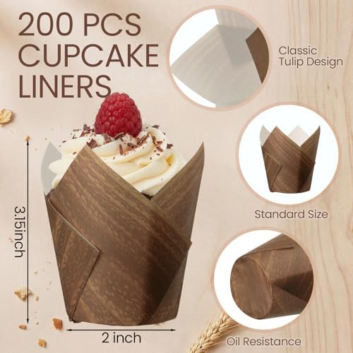 Maxdot 200 Pcs Wood Grain Tulip Cupcake Liners for Baking Woodland Theme Paper Muffin Baking Cups Brown Rustic Tulip Muffin Liners Wrappers for Bridal Showers Wedding Holiday Birthday Party
