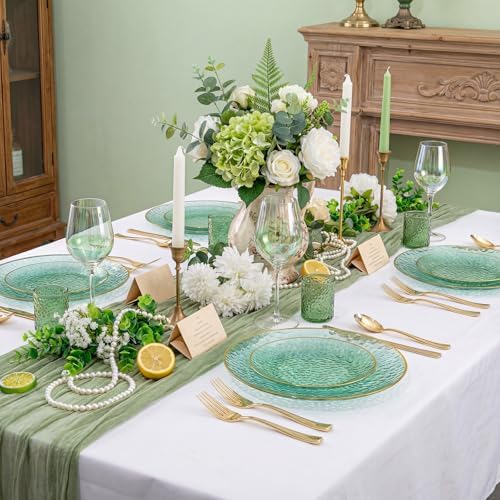 Rubtlamp 700Pcs Green Plastic Plates,Green Gold Plastic Dinnerware Set, Hammered Clear Green Plates with Gold Rim Include 100Dinner Platos,100Cake Platos,100Cups,100Pre Rolled Silverware