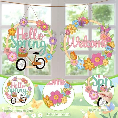 Sereliy 24 Pcs Spring Coloring Wreath Crafts, Color Your Own Flower Crafts, DIY Paper Wreath for Spring Home Activities Games. (Spring.24)