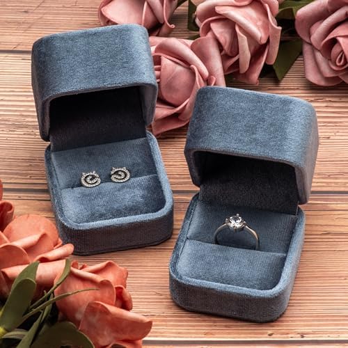 Velvet Single Ring Box Case Holder for Engagement Proposal Birthday Wedding,Jewelry Ring Gift Box Jewelry Packaging Box (Vintage Blue)