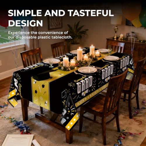 6 Pack Disposable Plastic Tablecloth 54" x 108" Black Class of 2026 Grad Party Table Cloths Disposable for 6 to 8 Foot Tables Graduation Party Indoor or Outdoor (Graduation Black)