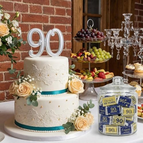 Tenare 90 Pcs 90th Birthday Candy Wrappers, Blue and Gold Stickers