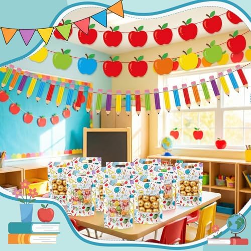 Engrowtic 100 Pcs Back to School Treat Bags Plastic Resealable Gift Bags with Handles First Day of School Goodie Pouches for Students Teacher Classroom Preschool Kindergarten Party Favors Wrapping