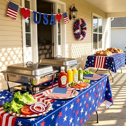 4th of July Decorations - Patriotic Party Supplies Set for 24 - Red White and Blue Tableware Kit with Plates, Napkins, Tablecloth and Glitter Banner for Independence & Election Day