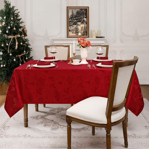 Romanstile Christmas Jacquard Rectangle Tablecloth, Red Xmas Deer and Tree