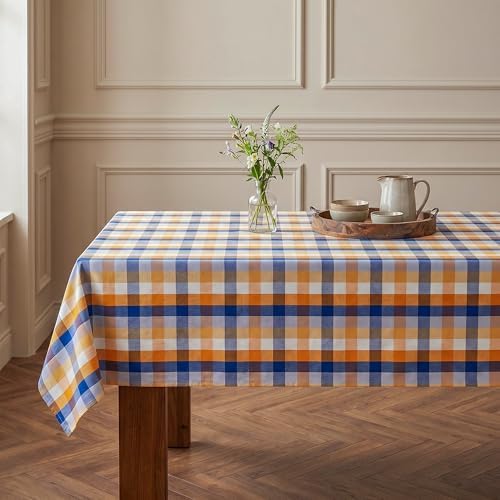 Fall Plaid Waterproof Tablecloth – Orange, Blue & White Check Pattern – Thanksgiving Harvest Table Cover, Stain-Resistant & Durable, W60 x L60 in