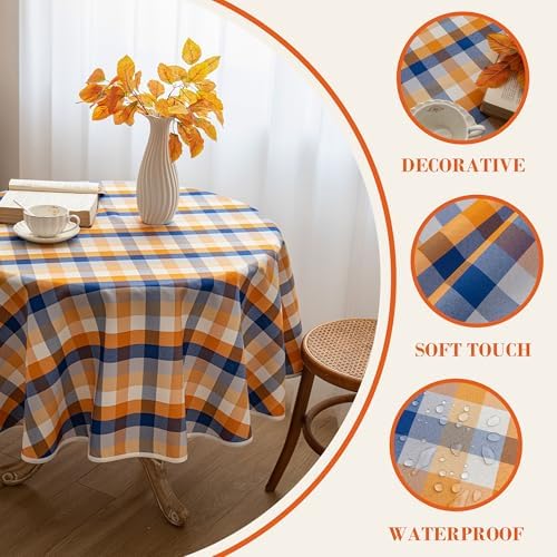 Fall Plaid Waterproof Tablecloth – Orange, Blue & White Check Pattern – Thanksgiving Harvest Table Cover, Stain-Resistant & Durable, 60" Round