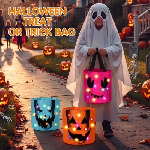 Sadnyy 3 Pcs Halloween Trick or Treat Bag Light Up,Orange,Pink,Blue
