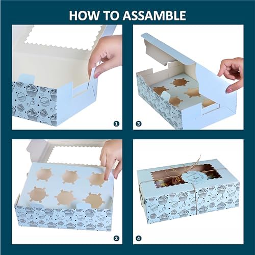 Cupcake and Muffin Boxes (Pack of 20), Fits 6 Treats comes with Insert trays, Tags and Twine (Blue)