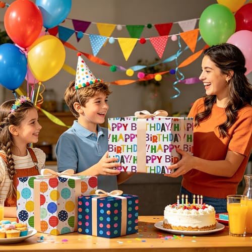 WRAPAHOLIC Birthday Wrapping Paper Sheet - 12 Sheets Folded Flat - Colorful Happy Birthday and Balloons 4 Design for Boys Girls Kids Birthday, Baby Shower - 19.7 inch x 27.5 inch Per Sheet
