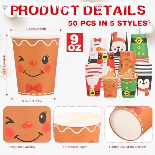 FOIMAS 50 PCS Christmas Paper Cups, 9 OZ Disposable Christmas Coffee Cups with Snowman Penguin Santa Claus Cup for Xmas Holiday Winter Party Supplies Hot and Cold Drinks Beverage