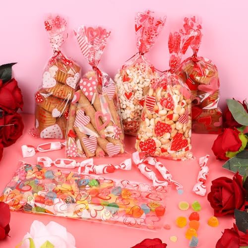FOIMAS 180pcs Valentine's Day Cellophane Treat Bags,Heart Candy Goodie Bags Cookie Bag with Twisted Ties for Valentines Day Party Supply