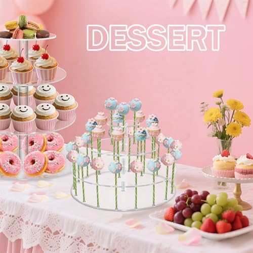 YestBuy Acrylic Cake Pop Display Stand , 30 Hole Clear Acrylic Lollipop Holder, 3 Tiered Round Cake Pop Holder For Weddings, Birthday Parties, Anniversaries Gift, Halloween Candy Decorative (Clear)