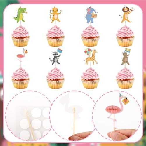 Hooqict 40Pcs Safari Cupcake Toppers Animal Birthday Party Cake Decorations Animal Parade Cupcake Toppers for Kids Jungle Theme Baby Shower Zoo Wild Birthday Party Decorations Supplies