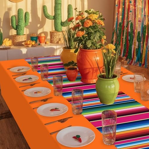 6 Pcs Mexican Fiesta Plastic Tablecloth, Rectangle Disposable Table Cloth Striped Table Cover for Cinco De Mayo Taco Night Fiesta Party Decoration, Mexican Wedding Birthday Home Decor, 108 x 54 Inch