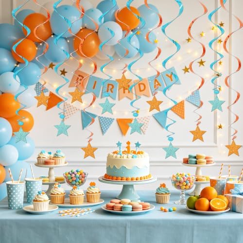 BEISHIDA Blue Orange Glitter Stars Hanging Swirls Pre-Strung Stars Hanging Decorations for Baby Shower Paw Birthday Party Decorations Supplies,Pack of 15