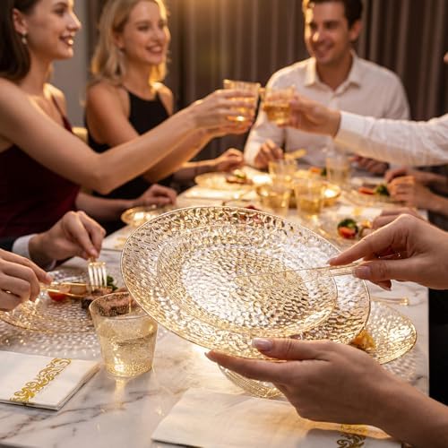 Rubtlamp 350 Pcs Gold Glitter Plastic Plates, Hammered Disposable Plates Set (50 Guests), Glitter Dinnerware Set Include 100 Plastic Plates, 150 Glitter Silverware, 50 Cups And 50 Napkins