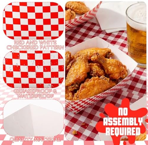 100 Pcs Gingham Party Supply Disposable Paper Food Trays Bulk, Red White