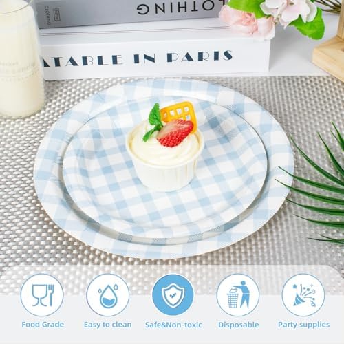 Vyntra 50 Pcs Blue Gingham 9 Inch Round Paper Dinner Plates