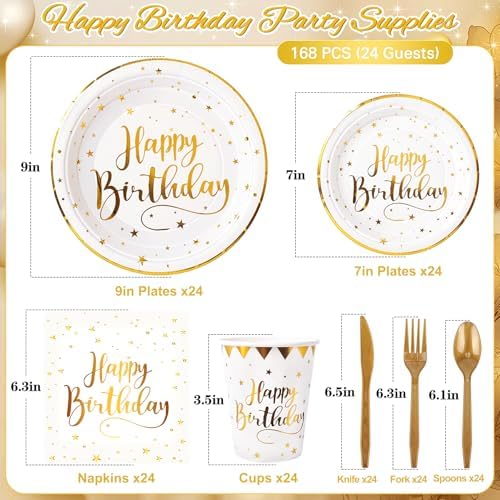 White and Gold Happy Birthday Party Plates, 168PCS Birthday Party Supplies