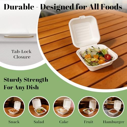 Lucklot 100 Pack 6×6 Inch White Compostable Bagasse Takeout Food Containers