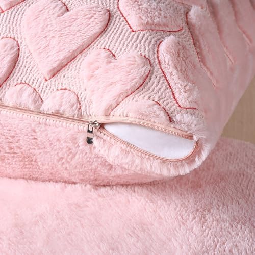 Softalker Pink Heart Pillow Covers 20 x 20 Inch Set of 2, Spring Summer Soft Faux Fur Cushion Covers, 3D Embroidered Pillow Cases for Sofa, Couch, Bedroom