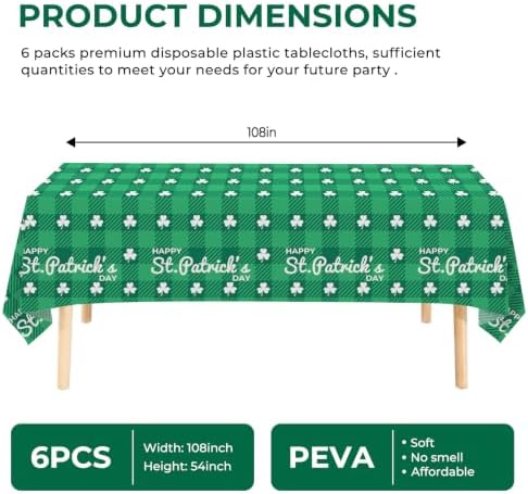 6 Pack Clover Checkered Disposable Plastic Tablecloth 54" x 108" Green Shamrock Party Table Cloths Disposable for 6 to 8 Foot Tables St Patricks Day Party Indoor or Outdoor (Clover Checkered)