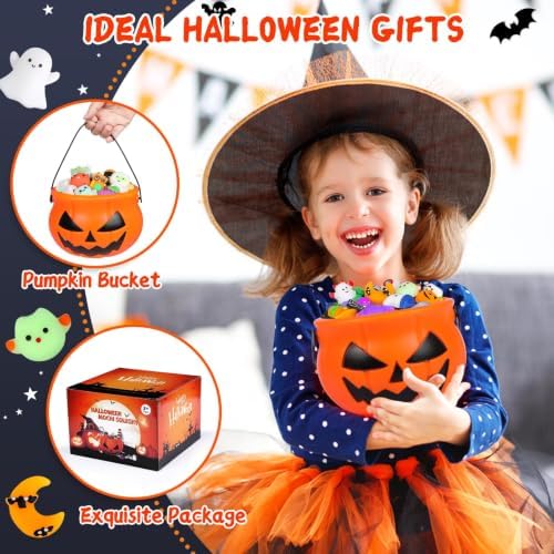 OCATO 50Pcs Halloween Mochi Squishy Toys with Pumpkin Bucket for Kids