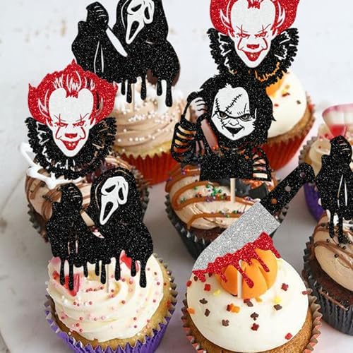 24 Pack Halloween Cupcake Toppers Glitter Scary Killer Cupcake Picks Knife Bloody Happy Halloween Theme Kids Birthday Cake Decorations Party Supplies