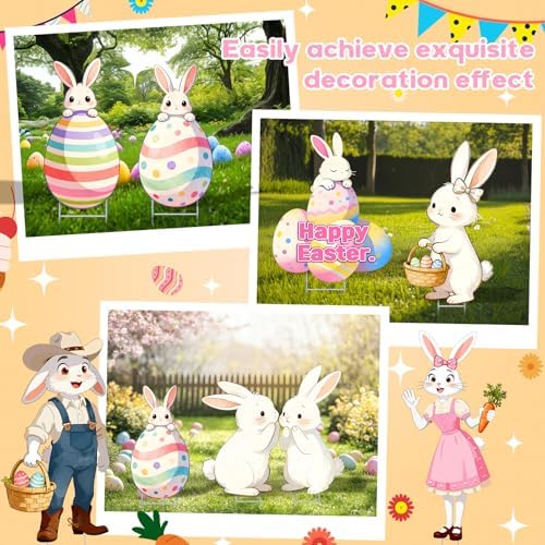 9 Pcs Large Easter Decorations Outdoor Yard Signs with Stakes 40x14 Inch Bunny and Egg Lawn Signs Happy Easter Welcome Yard Stakes for Garden Spring Hunt Games Party Supplies Props(Spring)