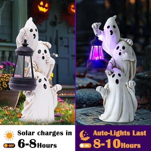 twinbling Triple Ghosts Halloween Decorations Outdoor with Solar Lantern,Cute Spooky Halloween Ghost Figurines,Ghost Decor Outside Decor for Yards Porches Gardens Lawn Party