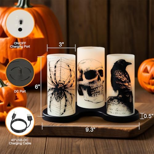 Eldnacele Rechargeable Skull Halloween Flameless Candles with Remote Timer