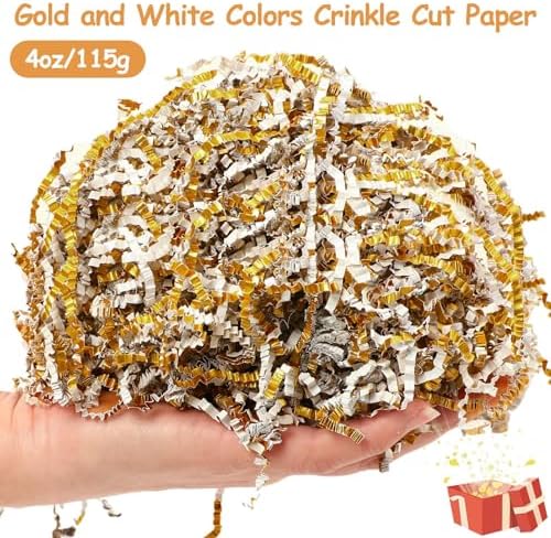 Jansun Metallic Gold White Crinkle Cut Paper, 115g/4oz Shred Filler with Gold Dots Stars Confetti for Christmas Halloween Wedding Gift Wrapping Craft DIY Basket Filling Holiday Party Decorations