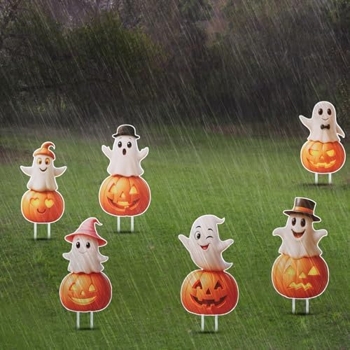 Outdoor Halloween Yard Signs, 6 PCS Cute Pumpkin Ghost Halloween Yard Stakes Kids Friendly for Lawn Garden Outside Home Decor