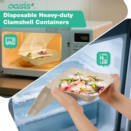 8x8 Inch 68 Pack Compostable Clamshell Take Out Food Containers, Disposable Paper To Go Boxes with Lids, Heavy Duty Sugarcane Bagasse Containers for Meals & Takeout, Natural