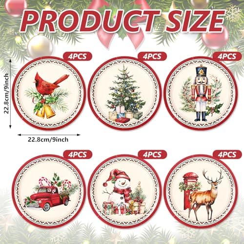 Whaline Christmas Paper Plates Snowman Nutcracker Cardinal Disposable Plates 6 Designs Retro Dinnerware Plates 9 Inch for Xmas Winter Party Supplies Table Decor, 24 Pcs