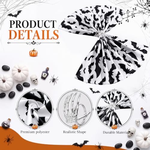 Qinyoung 8 Sets Halloween Cloth Napkins and Skeleton Claw Napkins Rings