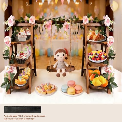 Wooden Cupcake Stand, 3 Tier Dessert Display Serving Tray with Swing and Flower Decoration, Foldable Tiered Ladders Stand for Party, Birthday, Wedding, Baby Shower, Table Food Display for Fruit Bread