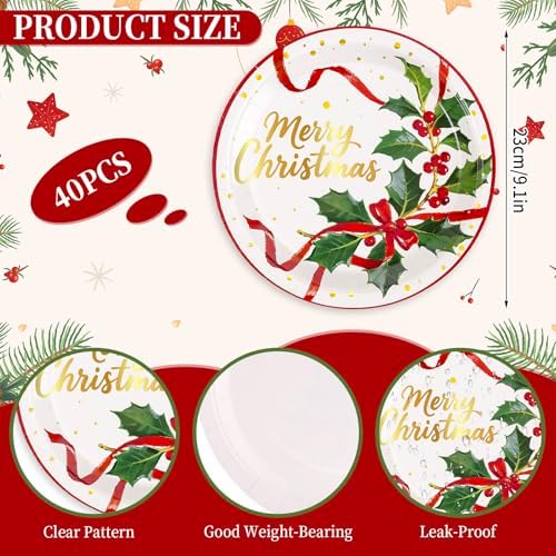 FYSUIMU Christmas Paper Plates Party Plates Xmas Gold Foil Holly Ribbon Disposable Dinner Plate for Winter Holiday New Year Party Tableware Supplies, 40 Pcs