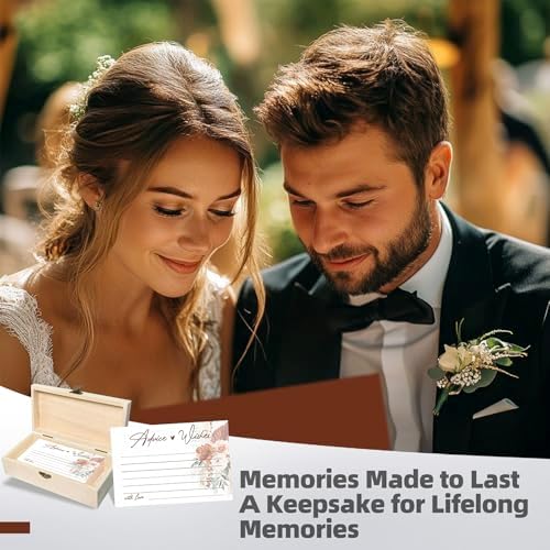 Boho Wedding Advice and Wishes Cards with Wood Box - 60 Pack 250GSM Pampas Grass Mr and Mrs Message Cards - Terracotta Bridal Shower Decorations, Engagement Party Guest Book Alternative