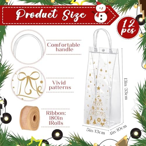 Henoyso 12 Pcs Christmas Wine Gift Bags Bulk Holiday Foil Wine Bottle Covers, Christmas Clear Gift Bags with Handles and Bow Ribbon for Xmas Wedding Engagements Party, 13 x 5 x 4 Inches (Classic)