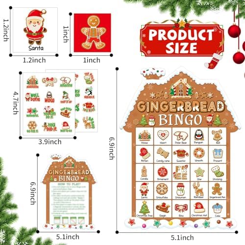 39Pcs Christmas Gingerbread Themed Bingo Game for Kids Adults 24 Players Christmas Baking Game Cards with Reward Stickers for Family Friends Students Large Group Activities Winter Holiday Party Favors