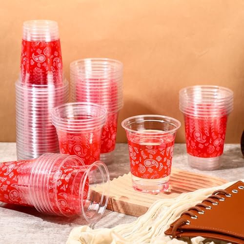 Funnymoom 60 Pack Western Cowboy Plastic Cups, 12 oz, Red Bandana Design