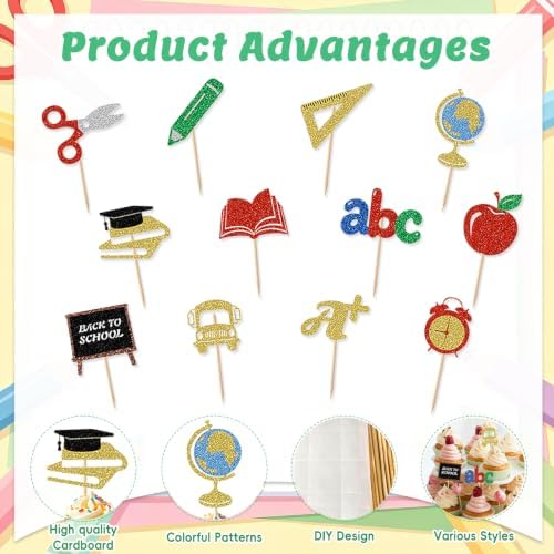 24Pcs Back to School Cupcake Toppers, Glitter School Cake Decorations