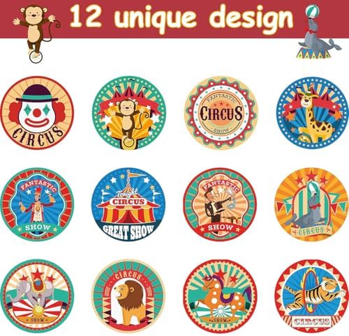 500PCS Circus Stickers Roll 1 Inch Carnival Themed Stickers Round Circus Animal Decals for Kids Birthday Party Favors Scrapbooking Crafts Reward Labels Teens Adults Classroom Teacher Supplies Decor