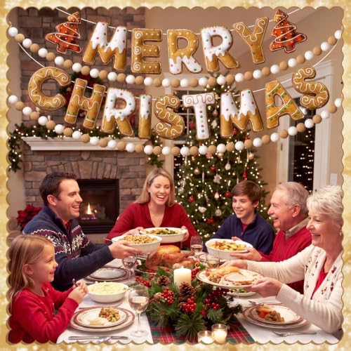 Mindsoft 4pcs Felt Merry Christmas Banner, Gingerbread Man Pom Pom Garland